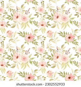 seamless pattern of roses flowers and green leaves with watercolors