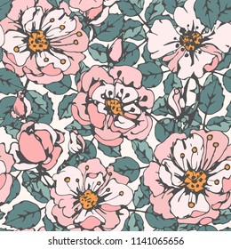 Nahtloses Muster mit Rosen. Blumen, Blätter. Blumenhintergrund. Stoffdesign, Tapete