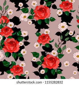 Seamless pattern with roses flowers and leaves. 