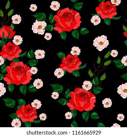 Seamless pattern with roses flowers and leaves. 