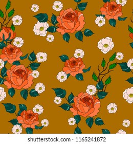 Seamless pattern with roses flowers and leaves. 