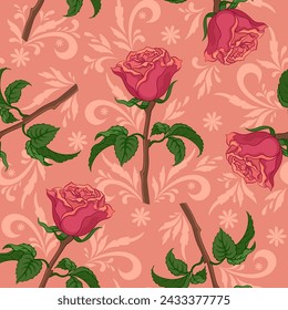 Patrón sin costura, flores de rosas y hojas sobre fondo floral. Vector