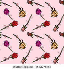 Seamless pattern of roses, flowers for Love, Valentine's Day, holiday, birthday, Design for postcards, packaging, fabric. Vector illustration