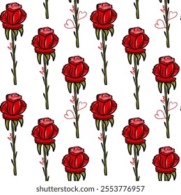 Seamless pattern of roses, flowers for Love, Valentine's Day, holiday, birthday, Design for postcards, packaging, fabric. Vector illustration