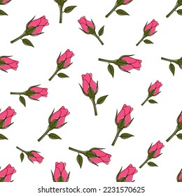 Patrón sin foco de flores de rosas sobre fondo blanco. Fondo sin costuras de rosa en estilo plano, ilustración vectorial