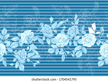 Seamless pattern with roses flowers. Vector illustration in blue colors.