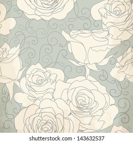 Seamless pattern with roses flowers. Vintage background in pastel blue colors.