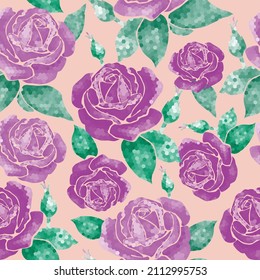 Seamless pattern pattern with roses geometric style purple flowers with buds on a peach background. The fabric is fashionable with trend pattern.