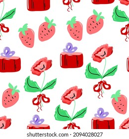 Seamless pattern with roses and gifts and strawberries.