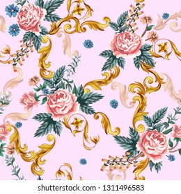 Seamless pattern with roses and gold baroque elements. 