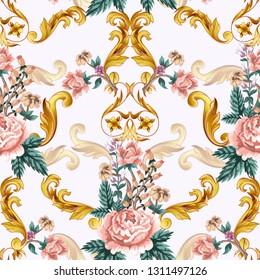 Seamless pattern with roses and gold baroque elements. 