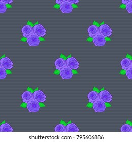 Seamless pattern with roses, green leaves in gray, violet and blue colors. Beautiful vector pattern for decoration and design. Exquisite pattern of rose flowers and leaves. Vintage style trendy print.