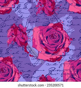 seamless pattern with roses, handwriting and smudges of paint