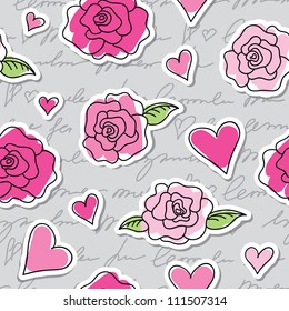 seamless pattern of roses, hearts and hand writing elements