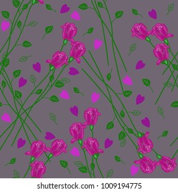 Seamless pattern of roses and hearts on a gray background