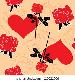 Seamless pattern with roses and hearts on a pink background