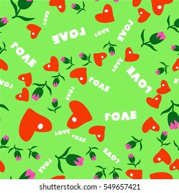 seamless pattern with roses and hearts on light green background