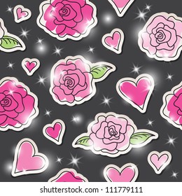 seamless pattern of roses, hearts and stars on dark background