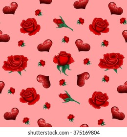 Seamless Pattern with Roses and Hearts for Valentine's Day, Wedding