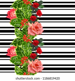 Seamless pattern with roses and holly on striped background. Christmas background for textile, cover, wallpaper, gift packaging, printing.Romantic design for calico, silk.