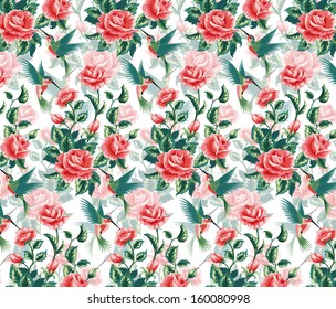 Seamless pattern with roses and hummingbird.