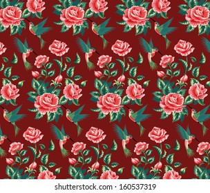 Seamless pattern with roses and hummingbird.