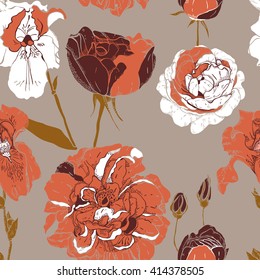 Seamless pattern with roses and irises