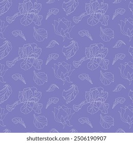 Seamless pattern with roses and irises. White flowers on blue background. Beautiful and delicate flowers.
