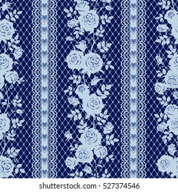 Seamless pattern with roses, laces and hearts. Vintage striped floral background, border. May be used as digital paper, fills, print onto fabric, etc.