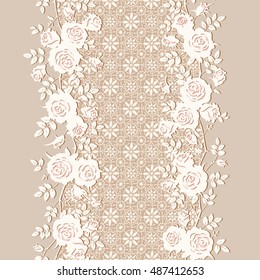 Seamless pattern with roses and laces. Vector floral background or vertical border.