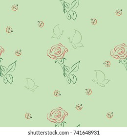 Seamless pattern with roses, ladybugs and butterfly. Floral ornament with insects. Cute red roses with green and red bugs. Nature ornament. Vector illustration.
