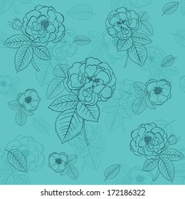 Seamless pattern of roses with leafs, black on turquoise