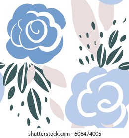 Seamless pattern with roses, leaves and abstract shapes.  Simple botany background. Modern and original texture for textile, wrapping paper, wall art design. Hand drawn vector illustartion.  