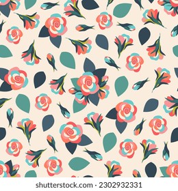 Seamless pattern with roses, leaves, blooming flowers. Nature background. Vector hand drawn illustration for wrapping paper , cover, fabric, interior decor, stationery design, print, wallpaper.