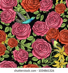 Seamless pattern. Roses with leaves and buds. Wedding botanical flowers in the garden or spring plant. ornament or decor. Small hummingbird. Rufous bird. engraved hand drawn in old victorian sketch.