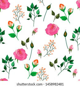 Seamless pattern of roses, leaves and buds on white background. For wedding decor, postcards and textiles, vector illustration