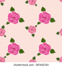 Seamless pattern. Roses with leaves. At the checkered yellow-pink background. Imitation embroidery. Flat.