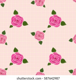 Seamless pattern. Roses with leaves. At the checkered yellow-pink background. Imitation embroidery. Flat.