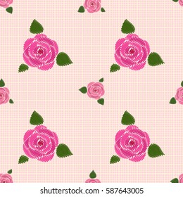 Seamless pattern. Roses with leaves. At the checkered yellow-pink background. Imitation embroidery. Flat.
