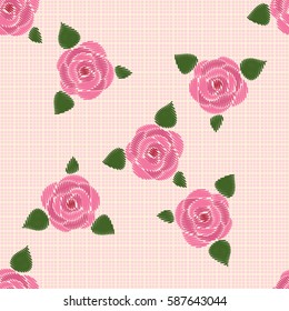 Seamless pattern. Roses with leaves. At the checkered yellow-pink background. Imitation embroidery. Flat.