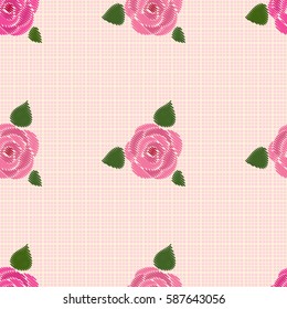 Seamless pattern. Roses with leaves. At the checkered yellow-pink background. Imitation embroidery. Flat.