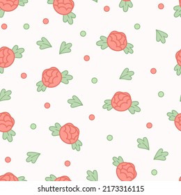 Seamless pattern of roses, leaves and dots in kawaii style on a light pink background.