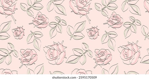 Seamless pattern of roses with leaves hand drawn in ink, with watercolor elements. Sketch of rose flower pattern
