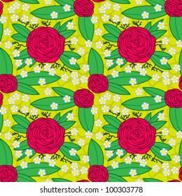 Seamless pattern of roses and leaves on yellow flower background, vector illustration