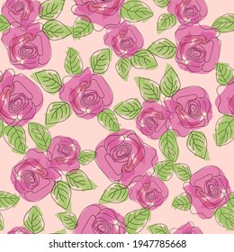 Seamless pattern of roses with leaves, on pink background, for wallpaper, fabric, gift wrapping.