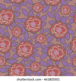 Seamless pattern with roses and leaves on terracotta background