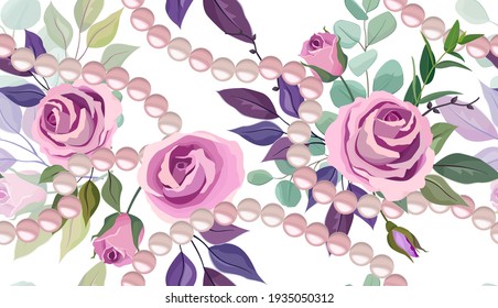 Seamless pattern with roses, leaves and pearls beads