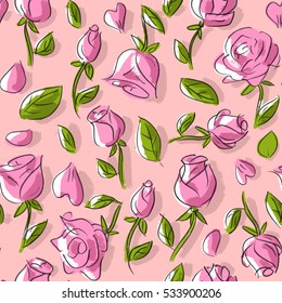 Seamless pattern with roses, leaves and petals