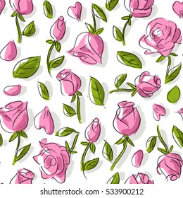 Seamless pattern with roses, leaves and petals