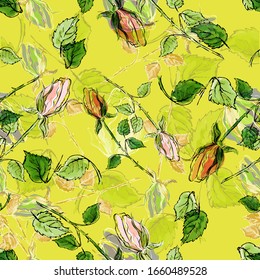 Seamless pattern. Roses, leaves, thorns. Vector illustration on a yellow background. Use for printing wallpapers, backgrounds, fabrics, packaging, postcards.